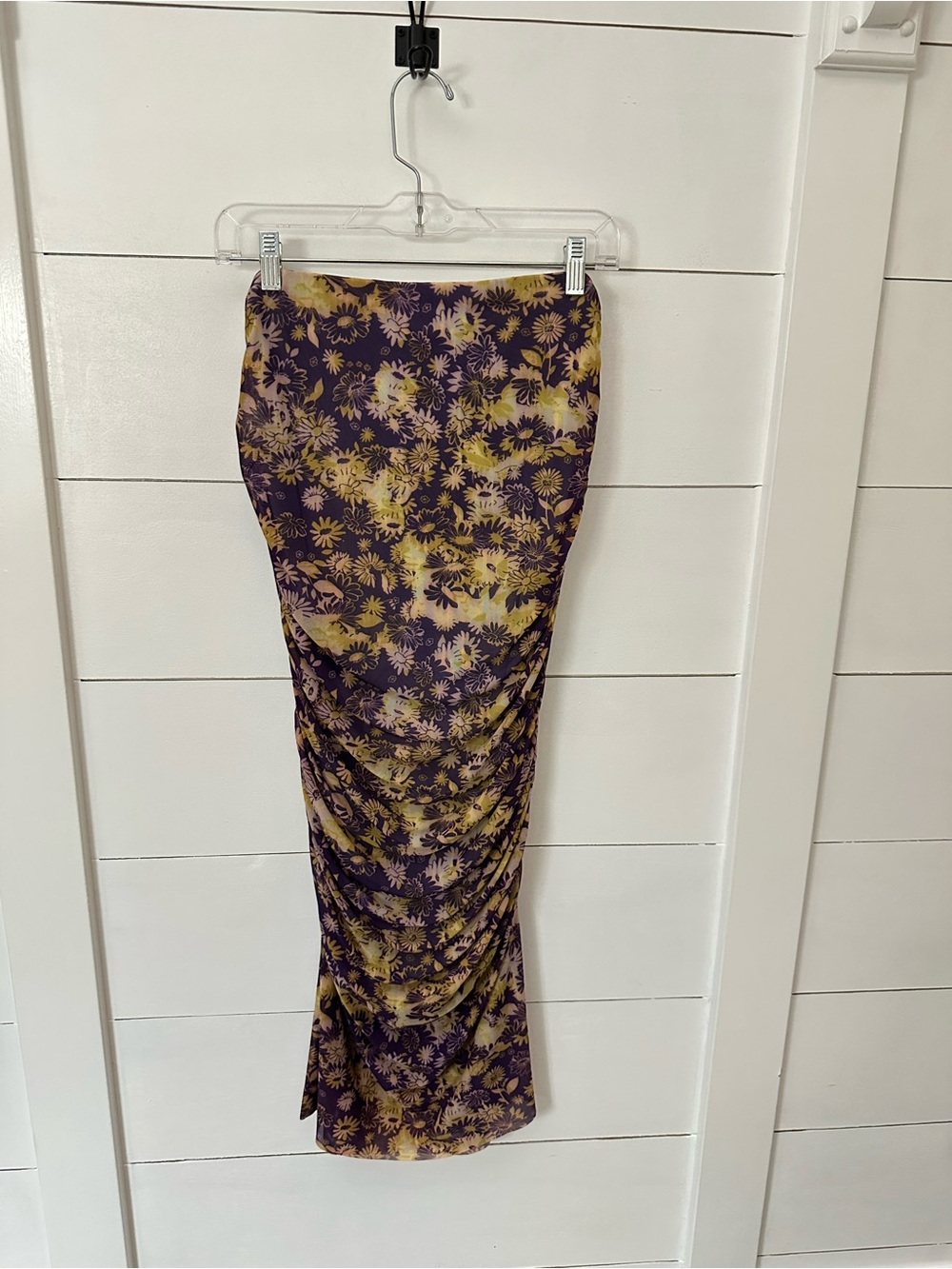 Anthropologie M Purple-yellow floral ruched stretch elastic waist midi skirt - Picture 3 of 11